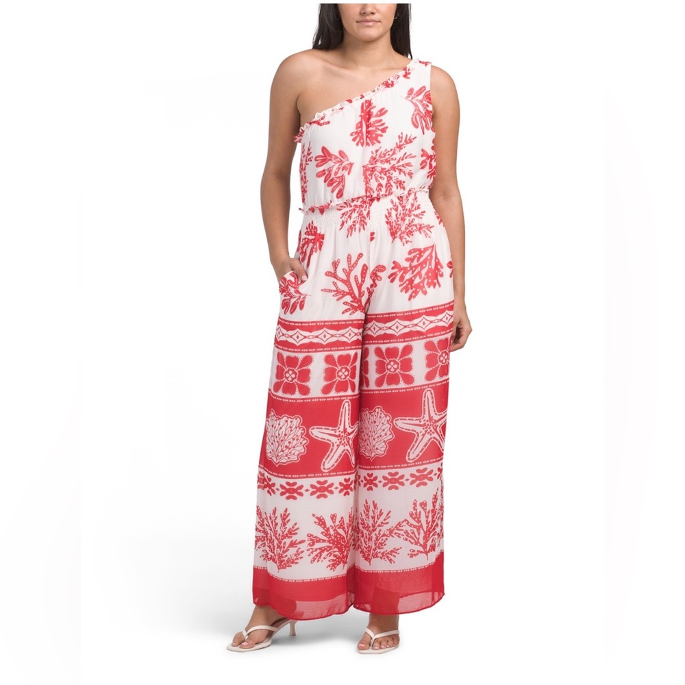 Women's One-Shoulder Red and White Jumpsuit